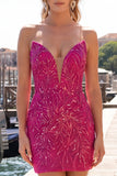 Sparkly Fuchsia Sweetheart Bodycon Sequins Homecoming Dress with Lace Up Back