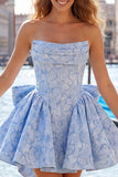 Hot Pink Strapless Floral A-Line Jacquard Bow Homecoming Dress with Lace Up Back