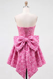 Hot Pink Strapless Floral A-Line Jacquard Bow Homecoming Dress with Lace Up Back