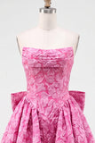Hot Pink Strapless Floral A-Line Jacquard Bow Homecoming Dress with Lace Up Back