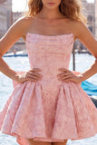 Hot Pink Strapless Floral A-Line Jacquard Bow Homecoming Dress with Lace Up Back