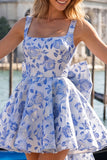 A-Line Light Blue Square Neck Jacquard Bow Homecoming Dress with Lace Up Back