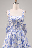 A-Line Light Blue Square Neck Jacquard Bow Homecoming Dress with Lace Up Back