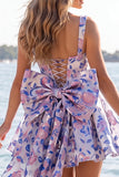 A-Line Light Blue Square Neck Jacquard Bow Homecoming Dress with Lace Up Back
