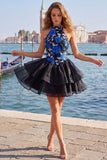 Gold and Black Halter Neck Tiered Floral A-Line Homecoming Dress with Lace Up Back