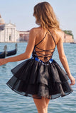Gold and Black Halter Neck Tiered Floral A-Line Homecoming Dress with Lace Up Back