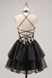 Gold and Black Halter Neck Tiered Floral A-Line Homecoming Dress with Lace Up Back
