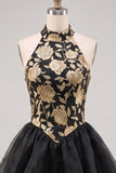 Gold and Black Halter Neck Tiered Floral A-Line Homecoming Dress with Lace Up Back