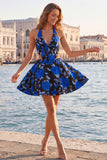 A-Line Halter Neck Light Blue Cut Out Floral Corset Backless Homecoming Dress