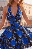 A-Line Halter Neck Light Blue Cut Out Floral Corset Backless Homecoming Dress