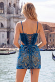 Dark Green Bodycon Corset Floral Sequins Cut Out Homecoming Dress with Lace Up Back