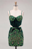 Dark Green Bodycon Corset Floral Sequins Cut Out Homecoming Dress with Lace Up Back