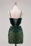Dark Green Bodycon Corset Floral Sequins Cut Out Homecoming Dress with Lace Up Back