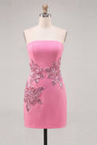 Pink Strapless Floral Bodycon Sequins Homecoming Dress