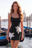 Black Floral Spaghetti Straps Sequins Homecoming Dress