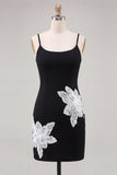 Black Floral Spaghetti Straps Sequins Homecoming Dress