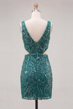 Sparkly Green Bodycon V-Neck Cut Out Sequins Short Homecoming Dress