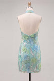 Mint Green Bodycon Halter Neck Floral Sequins Homecoming Dress