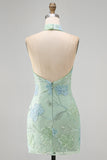 Mint Green Bodycon Halter Neck Floral Sequins Homecoming Dress