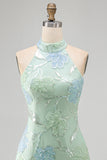 Mint Green Bodycon Halter Neck Floral Sequins Homecoming Dress