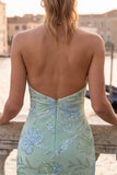 Mint Green Bodycon Halter Neck Floral Sequins Cocktail Dress