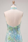 Mint Green Bodycon Halter Neck Floral Sequins Homecoming Dress
