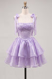 Lilac Pearl Mini Fairy Tale Tiered Homecoming Dress with Lace Up Back