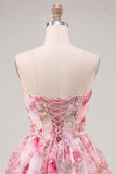 A-Line Pink Sweetheart Floral Chiffon Homecoming Dress with Lace Up Back