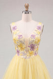 A-Line Yellow V-Neck Floral Sequins Homecoming Dress