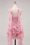 A-Line Pink Sweetheart Corset Tiered Floral Beaded Homecoming Dress with Neck Scarf