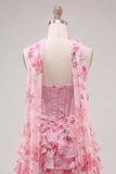 A-Line Pink Sweetheart Corset Tiered Floral Beaded Homecoming Dress with Neck Scarf