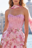 A-Line Pink Sweetheart Corset Tiered Floral Beaded Homecoming Dress with Neck Scarf