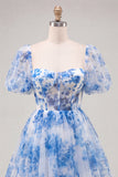A-Line Blue Square Neck Corset Floral Homecoming Dress with Lace Up Back
