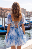 A-Line Blue Square Neck Corset Floral Homecoming Dress with Lace Up Back