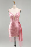 Pink Bodycon Corset Ruched Fringed Beaded Short Homecoming Dress with Sash