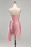 Pink Bodycon Corset Ruched Fringed Beaded Short Homecoming Dress with Sash
