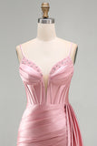 Pink Bodycon Corset Ruched Fringed Beaded Short Homecoming Dress with Sash