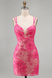 Light Blue Bodycon Spaghetti Straps Floral Short Homecoming Dress with Beading