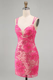Light Blue Bodycon Spaghetti Straps Floral Short Homecoming Dress with Beading