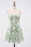 Green A-Line Chiffon Floral Ruffle Spaghetti Straps Short Homecoming Dress