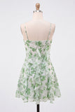 Green A-Line Chiffon Floral Ruffle Spaghetti Straps Short Homecoming Dress