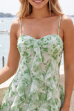 Green A-Line Chiffon Floral Ruffle Spaghetti Straps Short Homecoming Dress
