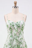 Green A-Line Chiffon Floral Ruffle Spaghetti Straps Short Homecoming Dress