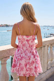 Green A-Line Chiffon Floral Ruffle Spaghetti Straps Short Homecoming Dress