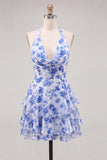 A-Line Chiffon Blue Floral Tiered Halter Neck Short Homecoming Dress