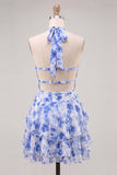 A-Line Chiffon Blue Floral Tiered Halter Neck Short Homecoming Dress