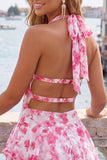 A-Line Chiffon Blue Floral Tiered Halter Neck Short Homecoming Dress