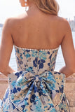 Sweetheart Pink Flower A-Line Jacquard Pearl Cocktail Dress with Bow