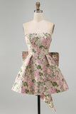 Sweetheart Pink Flower A-Line Jacquard Pearl Cocktail Dress with Bow