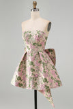 Sweetheart Pink Flower A-Line Jacquard Pearl Cocktail Dress with Bow